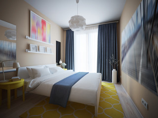Urban Contemporary Modern Scandinavian Bedroom Interior Design With Yellow and Blue accents. 3d rendering