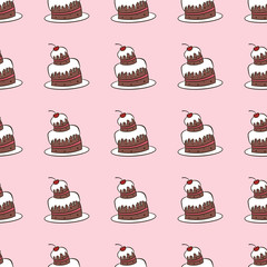 Vintage seamless vector pattern of cakes on pink background. Sweet chocolate cake with cream and cherry. Design concept for fabric, textile printing, wrapping paper or web