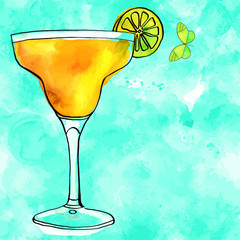 Watercolour Margarita cocktail on teal texture