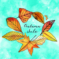 Autumn Sale watercolor banner with leaves and texture