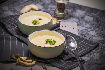 Two bowls of Mushroom soup with parsley in white ceramic bowl and spoon on a wooden board.(Low key image)