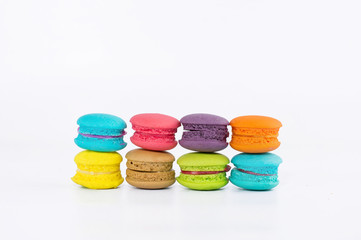 Sweet and colorful french macaroons or macaron on white background, Dessert.