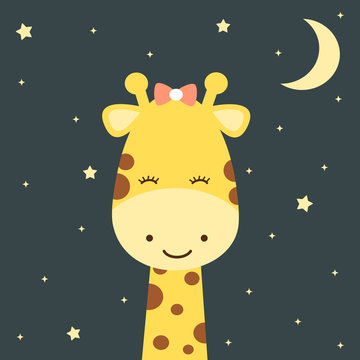 cute cartoon giraffe in the night starry sky funny vector illustration

