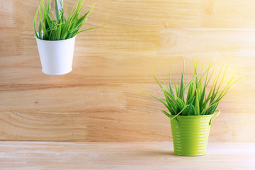 Two of grass plastic in green pot and white pot color with sunshine on wooden backgroun.