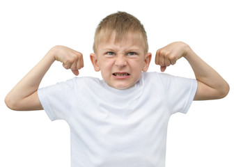 Emotional blond boy in a white shirt with a gray sheet of paper for notes on a white background