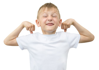 Emotional blond boy in a white shirt with a gray sheet of paper for notes on a white background