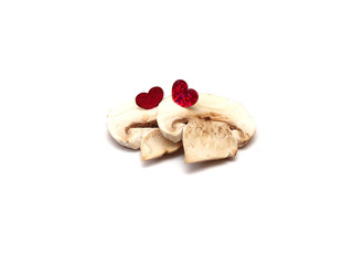 mushrooms and red hearts. Valentine card