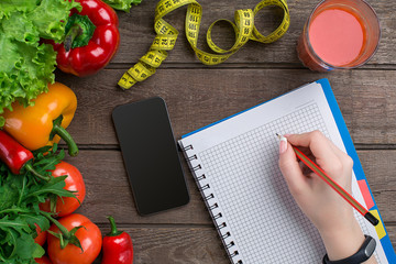  oncept diet, slimming plan with vegetables top view mock up