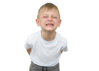 Emotional blond boy in a white shirt with a gray sheet of paper for notes on a white background