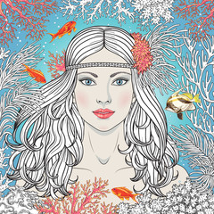 Mermaid Girl  among Corals  and Fishes