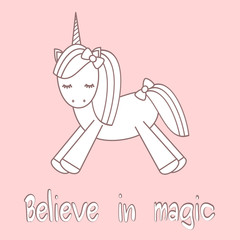 hand drawn lettering slogan believe in magic motivational vector card with cute cartoon unicorn

