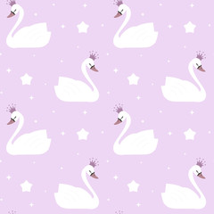 cute lovely princess swan on violet background seamless vector pattern illustration

