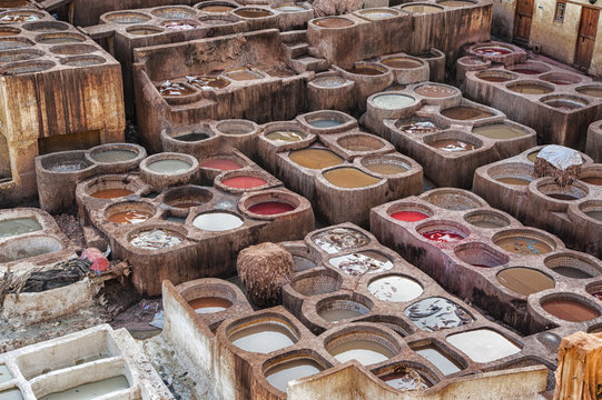 Chouwara Leather traditional tannery in ancient medina of Fes El Bali, Morocco, Africa. 