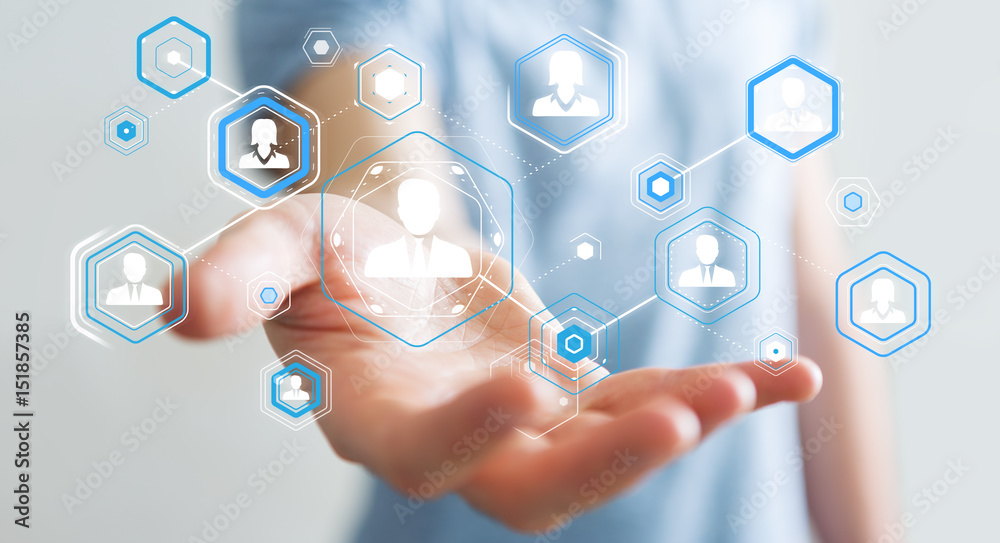 Poster Businessman using digital social network 3D rendering