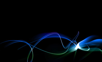 Abstract wavy and curl blue and green lines on black background