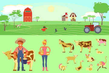 Obraz na płótnie Canvas Farming infographic elements with field,cattle farm, tractor, livestock and poultryfarm. Farmer man and woman. Modern flat design. eps10 vector illustration.