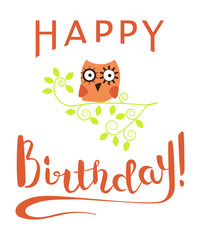 Happy Birthday Greeting Card with owl on a branch. Vector Illustration eps 10
