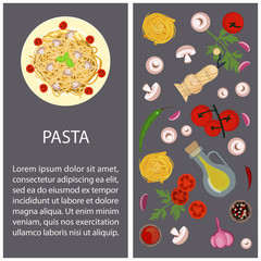 Italian pasta with ingredients for recipe or menu. Top view Vector illustration eps 10