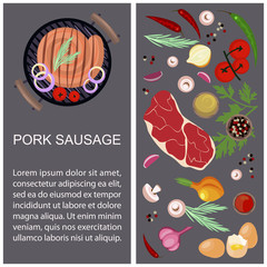 Pork sausage with ingredients for recipe or menu. Top view Vector illustration eps 10