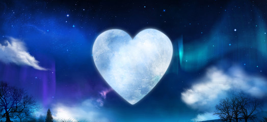 Beautiful heart shaped moon in the night with shiny stars and aurora