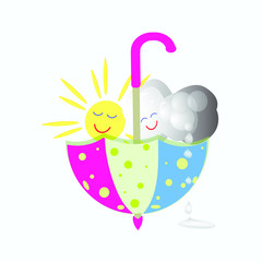 Vector illustration of yellow sun and gray clouds with drops of water, sleep in a coloured summer umbrella icon