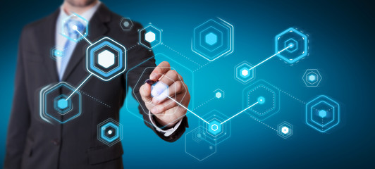 Businessman using digital screens with holograms datas 3D rendering