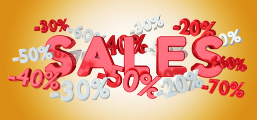 Sales icons and percent floating in the air 3D rendering
