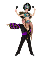 Gypsy flamenco dancer couple dancing against isolated white background