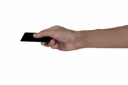 Man's Hand Holding Blank Black Credit Card Mockup Isolated With White Background, Insert Card To ATM Machine