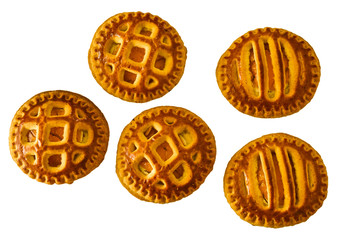 Cookies with dried apricots. Isolated on white background. View from above