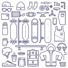 Skateboard equipment set in thin line style. Skate deck,  skate riding accessories and clothes icons in outline design. Urban skateboarding lifestyle collection with skateboard gear and clothes. © krugli