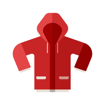 Red casual anorak icon. Sport jacket vector illustration in flat design. Active lifestyle outerwear.