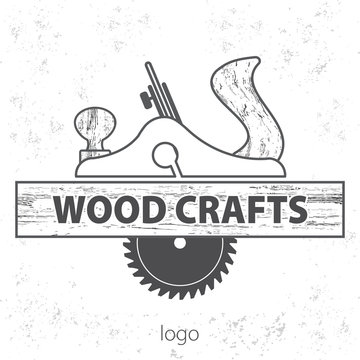 Wood craft logo. Woodworks professional service. Grange print stamp. Stock vector. Flat design.