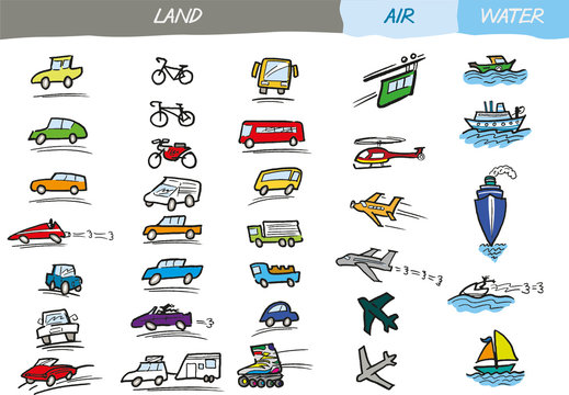 A set of hand drawn transport vectors in a loose, colourful, doodle style