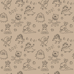 Abstract seamless pattern with cute monsters and stars