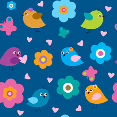 Stylish seamless pattern with birds on a blue background