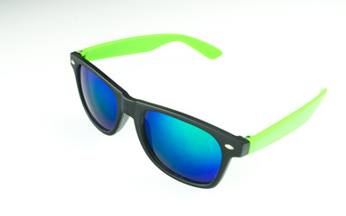 sun glasses with black and green frames and blue lens