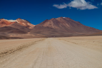 Dust road in Salvador Dali Desert in Eduardo Avaroa Andean Fauna National Reserve, Bolivia