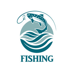 salmon fishing emblem with waves and hook
