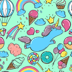 Unicorn sweet set of stickers, pins, patches in cartoon comic style.