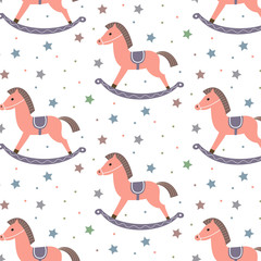 Seamless pattern with horses and stars on the white background.