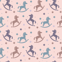 Seamless pattern with horses and stars on the pink background.
