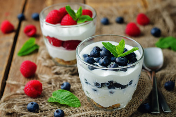 Raspberry and blueberry greek yogurt parfait