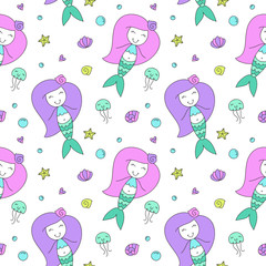 seamless pattern of cartoon mermaid, shell, starfish, jellyfish and bubble