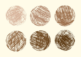 Pencil and crayon like kid`s drawn brown halftone round design elements. Like child`s drawn pastel chalk circle background. Kid`s like painting coffee color sphere. Set of hand drawing round banner.