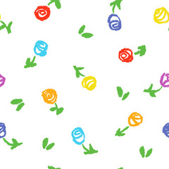 Child's drawing of colorful flowers. Pastel chalk crayon hand drawing roses background. Seamless pattern, vector.