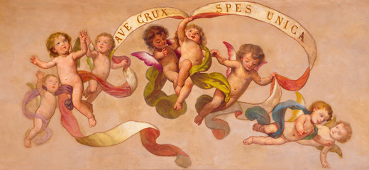 TURIN, ITALY - MARCH 13, 2017: The neo baroque fresco of angels with the inscription in church...