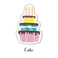 Cartoon sticker with cake on white background.