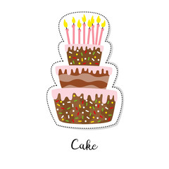 Cartoon sticker with cake on white background.