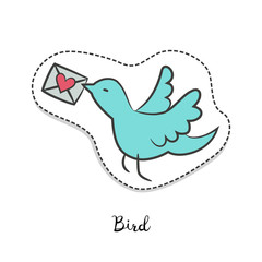 Cartoon sticker with bird on white background.